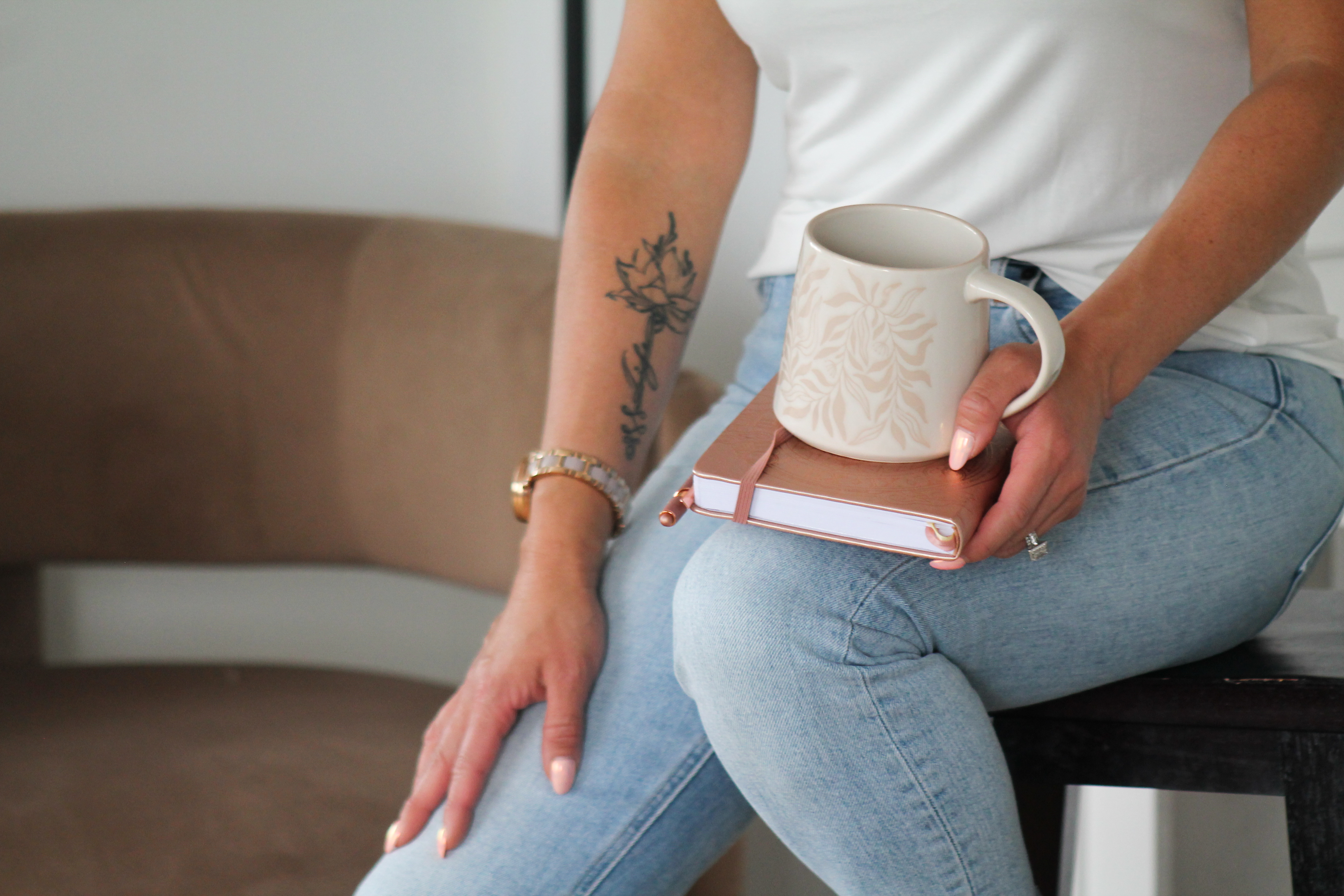 Coffee, tea and mimosa styled on ivory linen