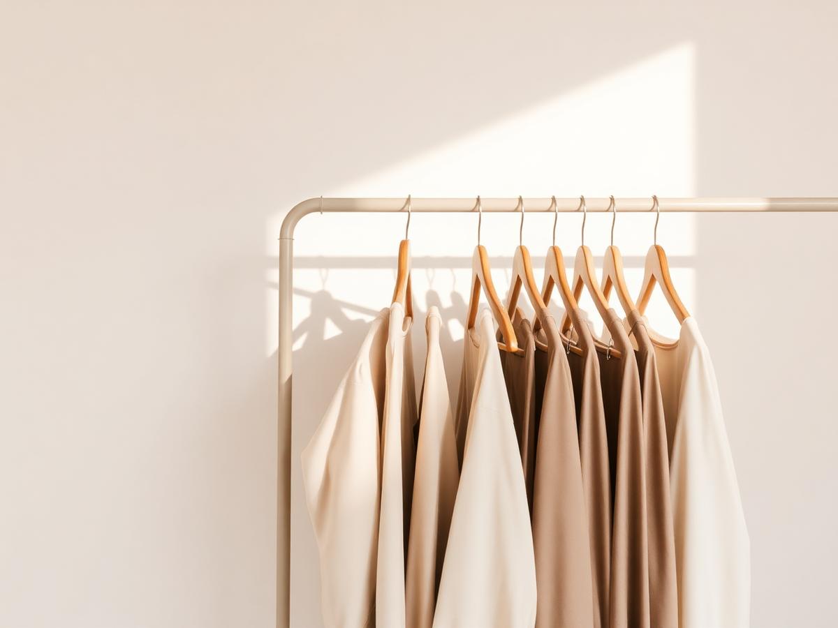 Rail of neutral-toned garments in a sunlit ivory room