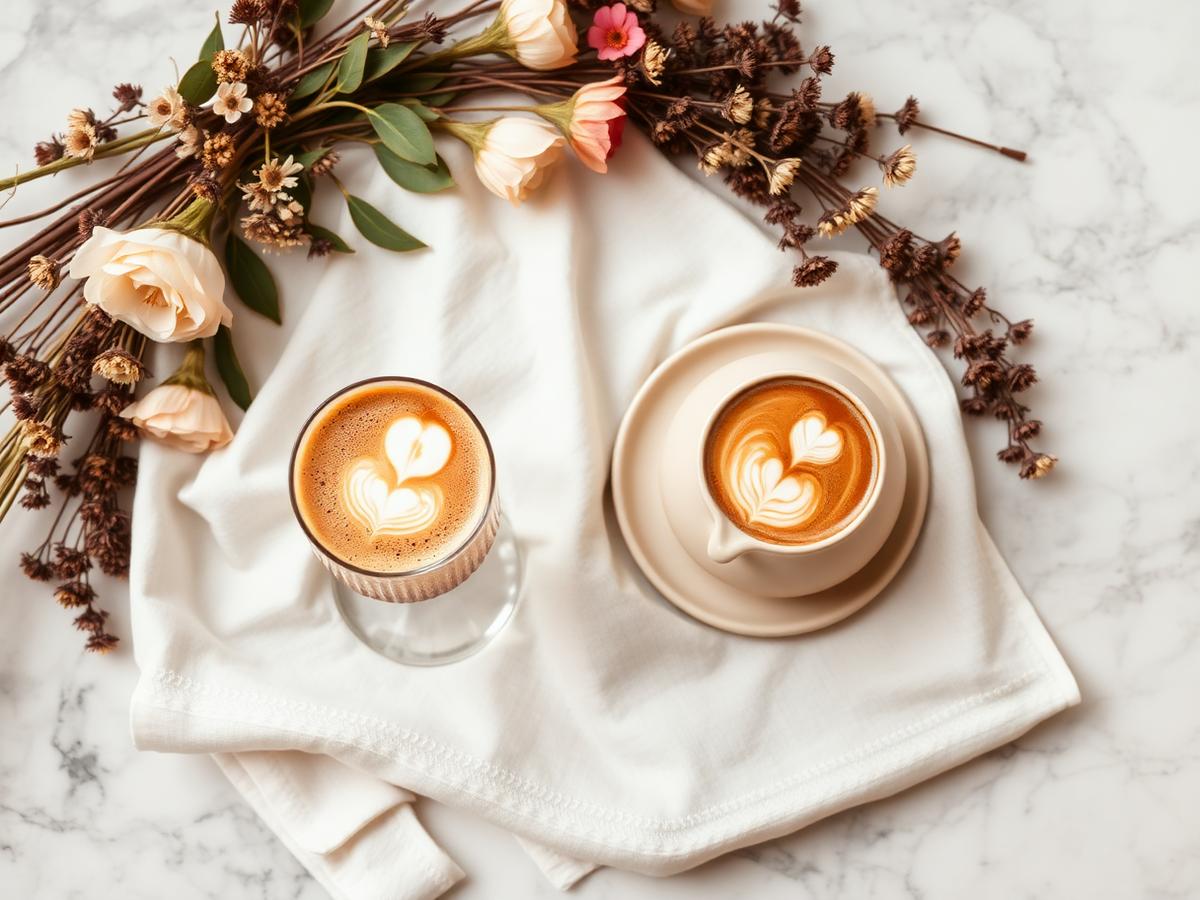 Coffee, tea and mimosa styled on ivory linen